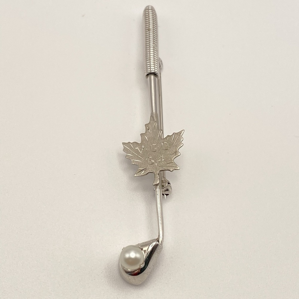 Bond Boyd Sterling Silver Golf Club Brooch Vintage Maple Leaf Pearl 2.75"